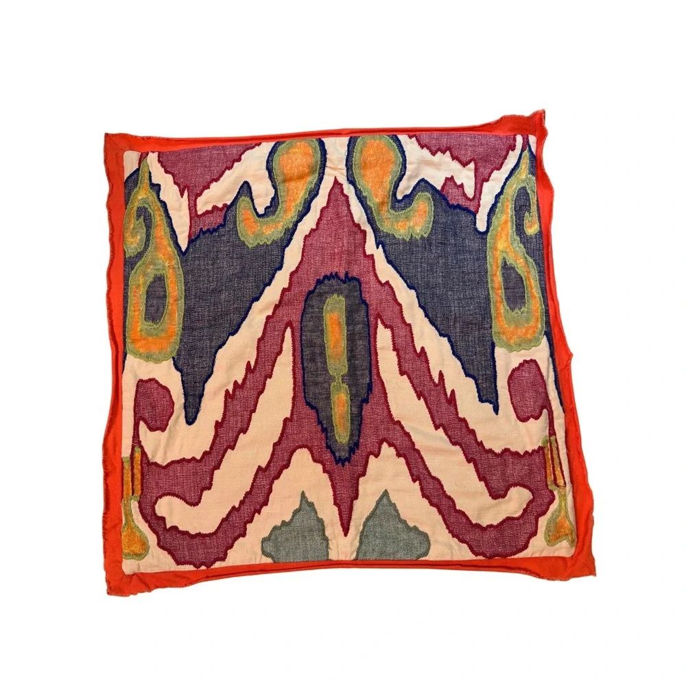 Pottery Barn Ikat Embroidered Pillow Cover 24x24 Orange Purple Linen Cotton